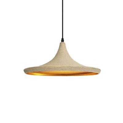 Simple pendant lamp made of hemp with E27 LED light bulb in wood color.
