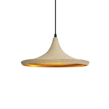 Simple pendant lamp made of hemp with E27 LED light bulb in wood color.