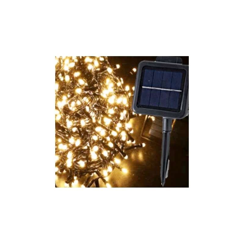 Solar garland with 560 warm LED lights, 11 meters long, programmable for outdoor use.