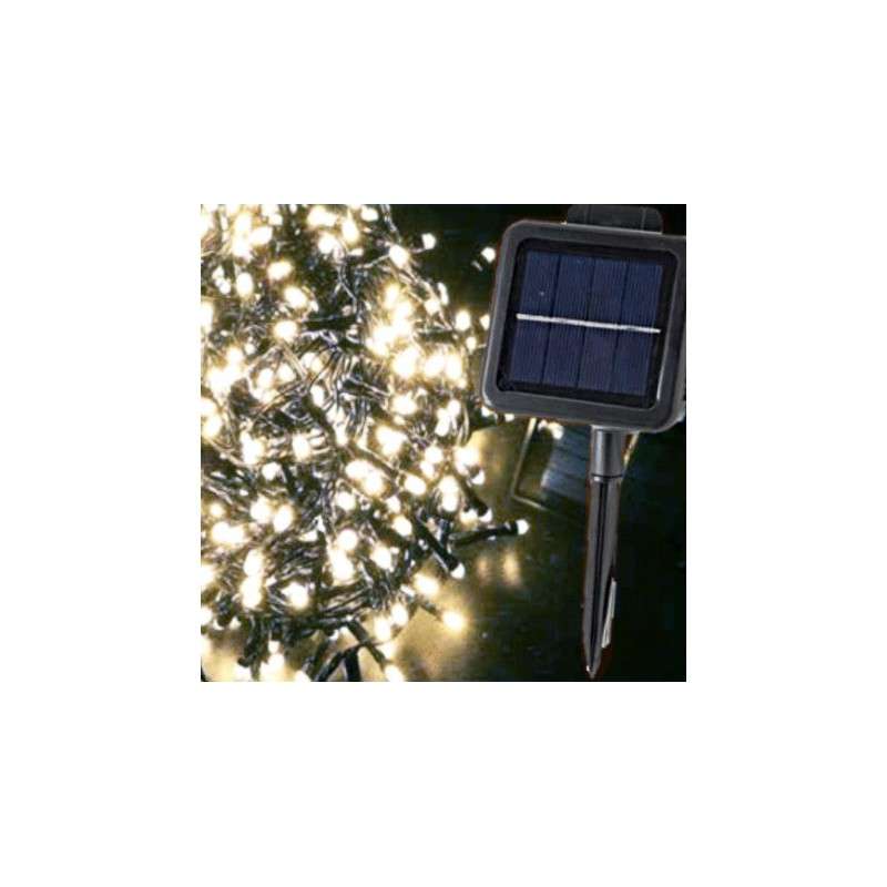 Solar garland with 560 cold LED lights, 10 meters long, programmable for outdoor use.