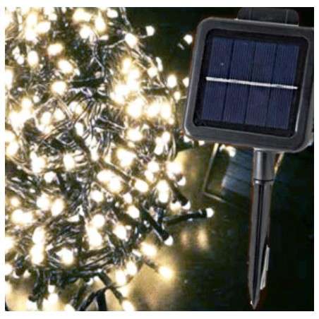 Solar garland with 560 cold LED lights, 10 meters long, programmable for outdoor use.
