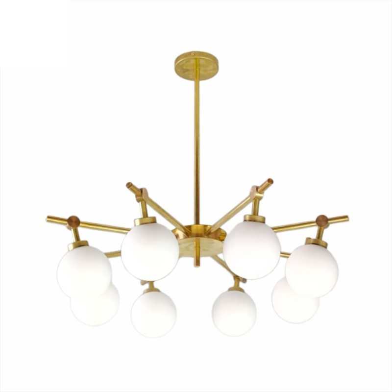 Brass ceiling lamp with 8 glass globes