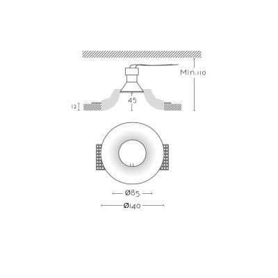 Plaster GU10 spotlight with a diameter of 85 mm and a height of 110 mm.