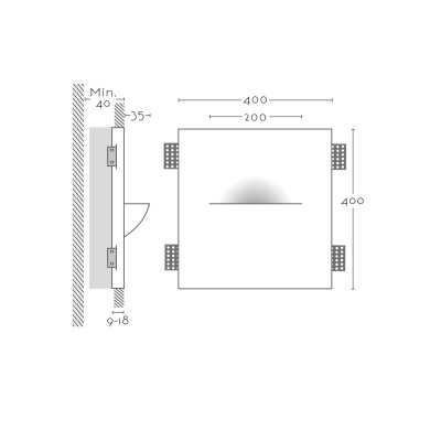 Wall lamp embedded plaster 200mm x 400mm x 53mm deep.