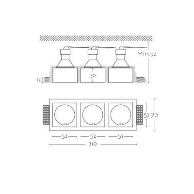 Triple plaster GU10 spotlight 210mm x 52mm and height 92mm